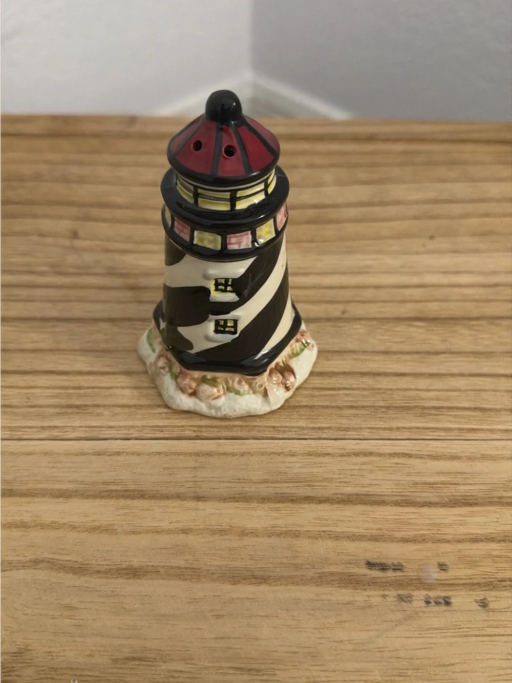 Striped Lighthouse Ceramic Figurine - Black, White & Red salt shaker